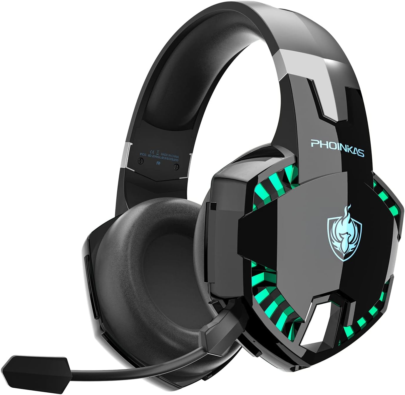 Phoinikas G2000 black gaming headset with green LED vents around the earcup, the phoenix shield logo and a flexible boom microphone