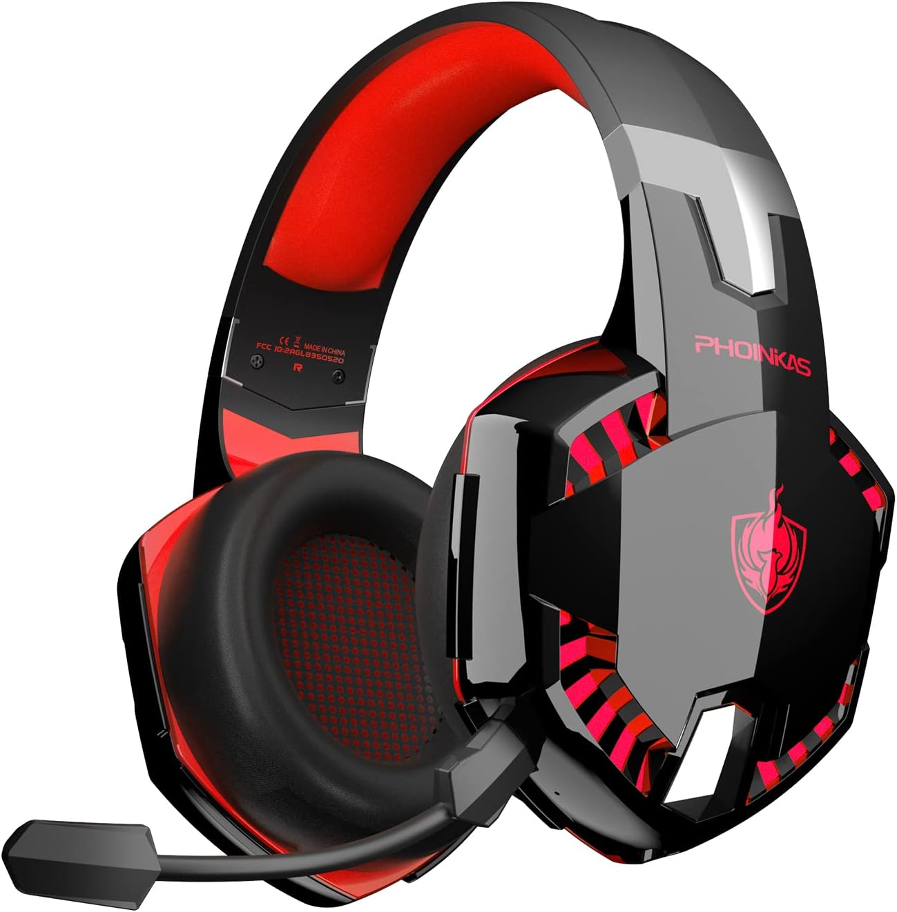 Phoinikas G2000 black and red wired gaming headset with red LED accents around the earcups and a flexible boom microphone