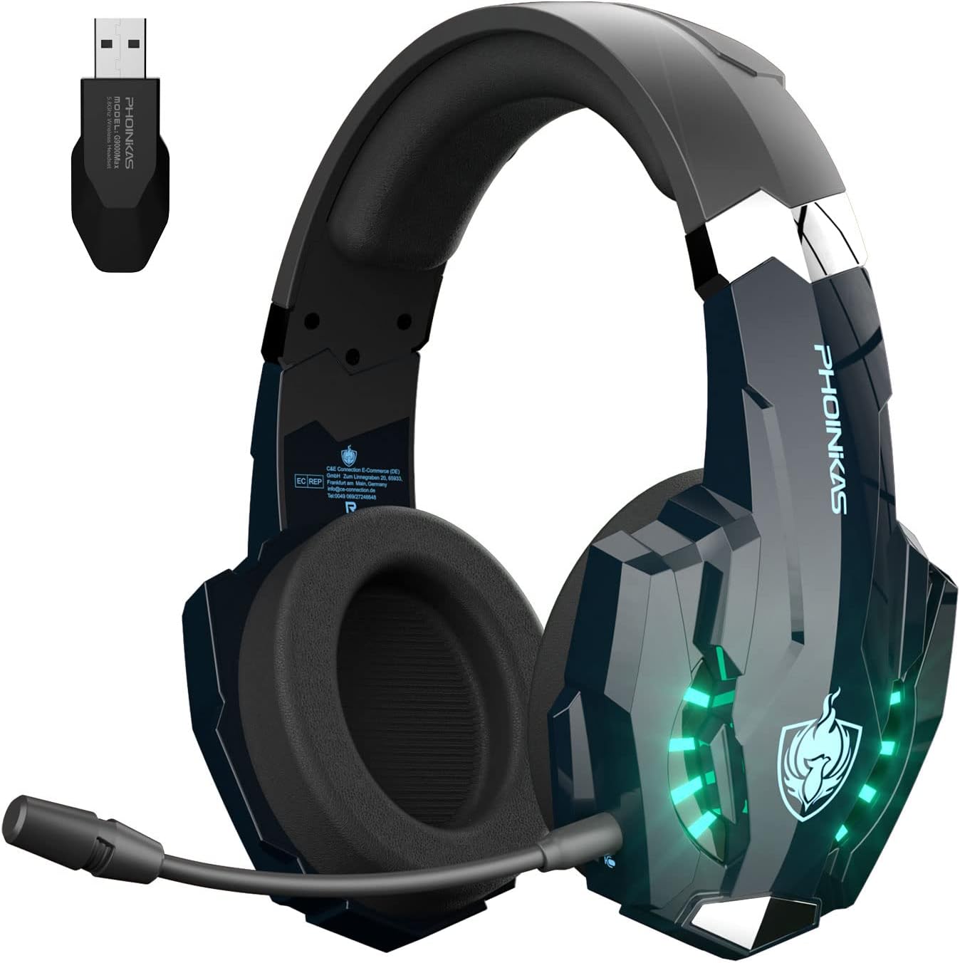 Phoinikas G9000 Max dark wireless gaming headset with green LED segments around the earcup, a flexible boom microphone and a black USB receiver