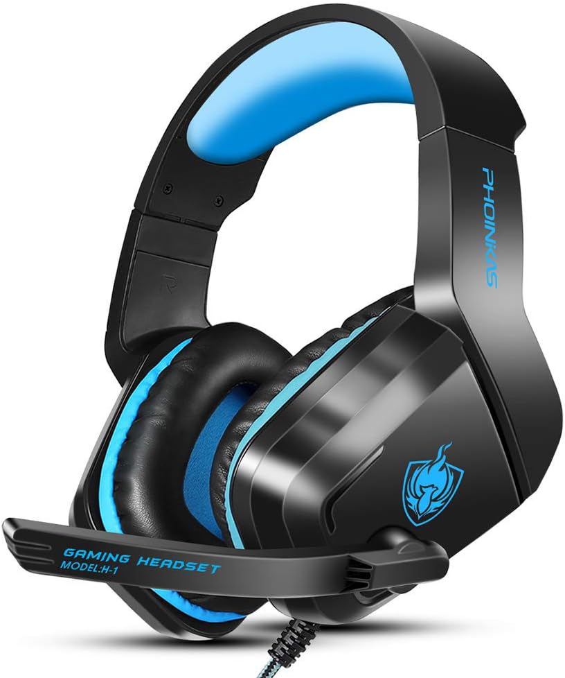 Phoinikas H1 black wired gaming headset with blue headband padding, blue ear cushion trim and a fixed boom microphone