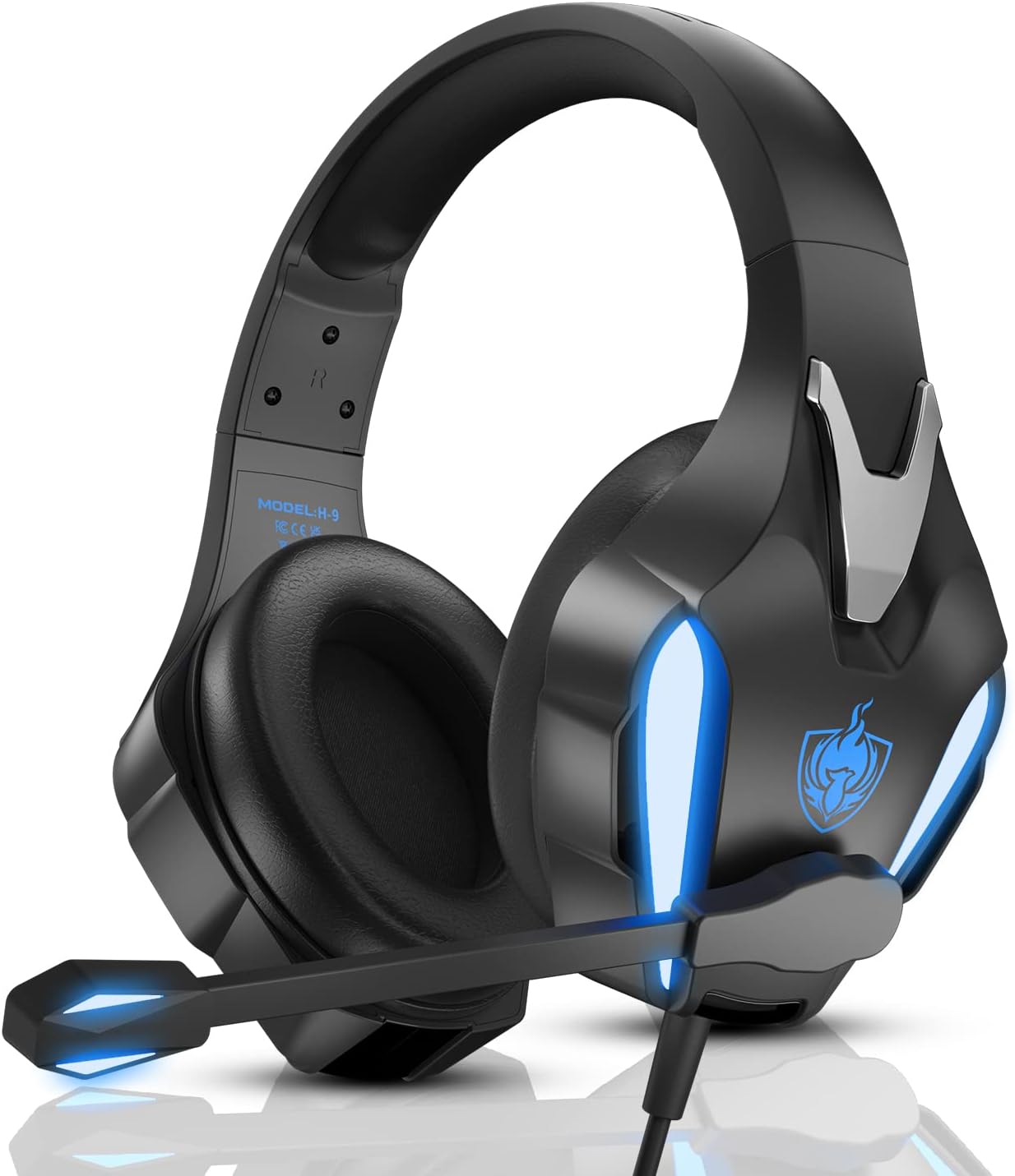 Phoinikas H9 black over-ear gaming headset with blue LED strips on the earcup and a lit blue boom microphone