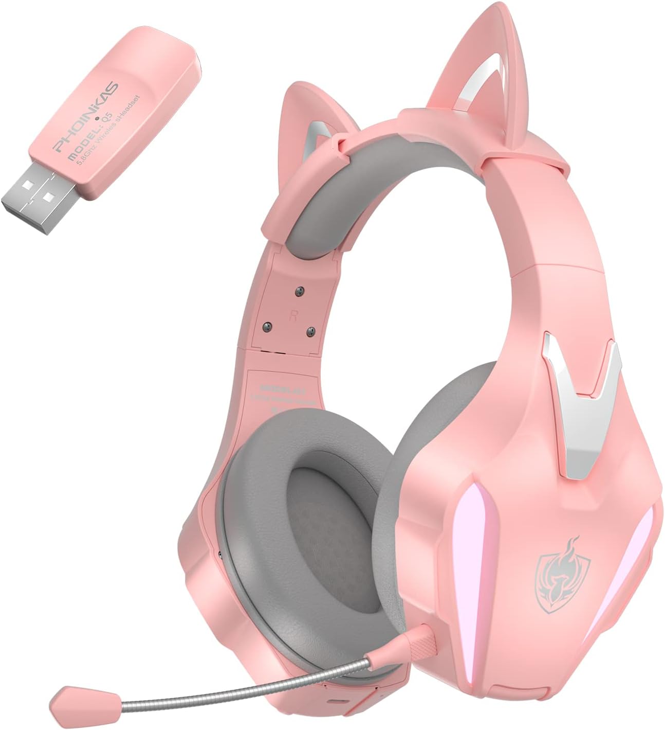 Phoinikas Q5 pink wireless gaming headset with detachable cat ears, gray ear cushions, pink LED accents and a matching pink USB receiver