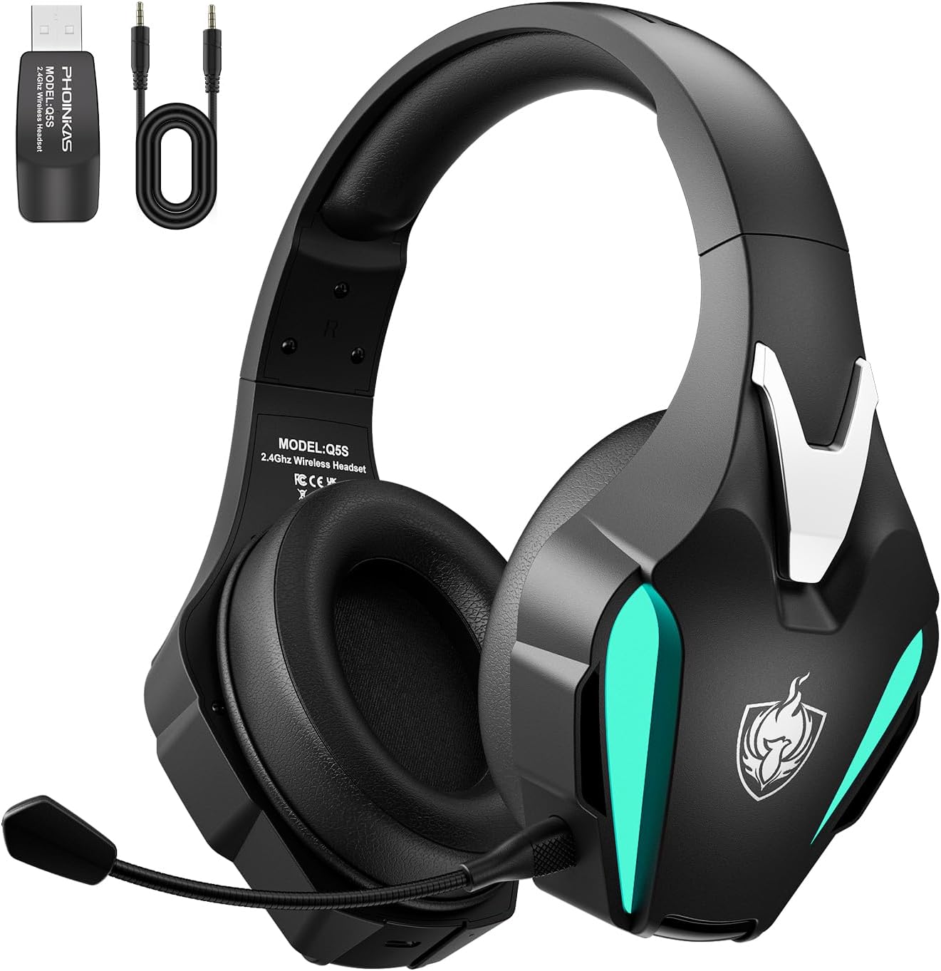 Phoinikas Q5S black wireless gaming headset with teal LED accents, a detachable boom microphone, a USB receiver and a 3.5mm cable