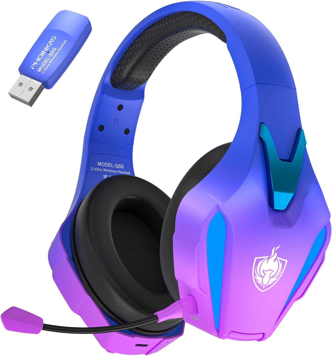 Phoinikas Q5S wireless gaming headset fading from blue at the headband to purple at the earcups, with a teal accent and a blue USB receiver