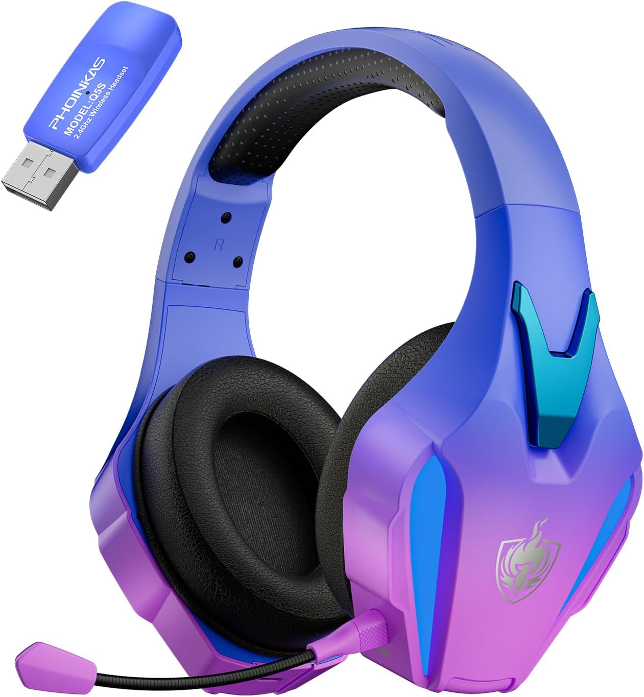 Phoinikas Q5S wireless gaming headset in a blue to purple gradient with blue LED accents, a purple boom microphone and a blue USB receiver