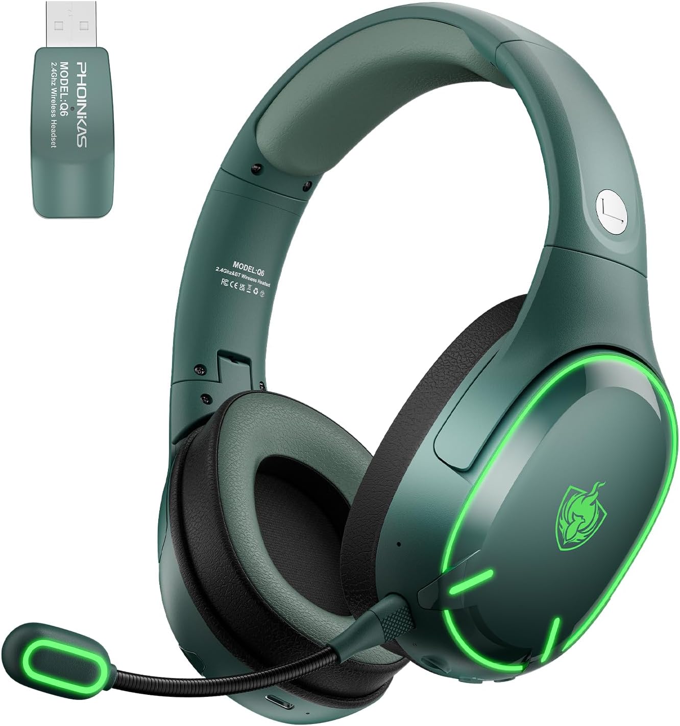 Phoinikas Q6 green wireless gaming headset with a green LED ring on the earcup, a detachable boom microphone and a matching green USB receiver