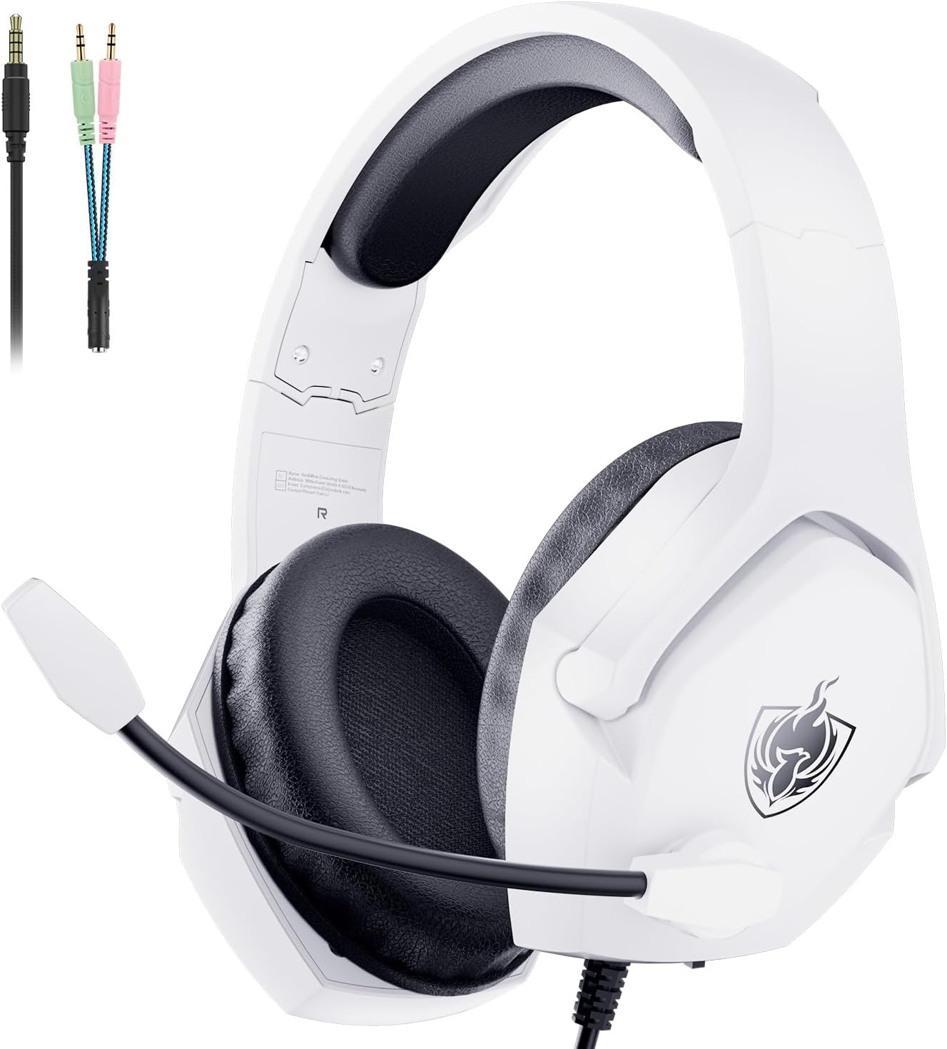 Phoinikas white wired gaming headset with black ear cushions, a white boom microphone, a 3.5mm cable and a green and pink 1-to-2 splitter